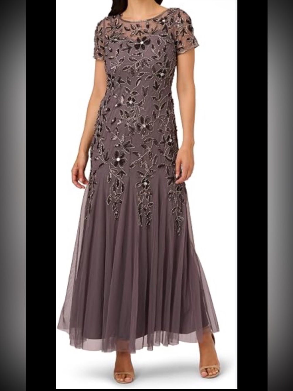 Adrianna Papell Hand Beaded Gown,sz 6, New Without Tag,no Missing Beads,taupe